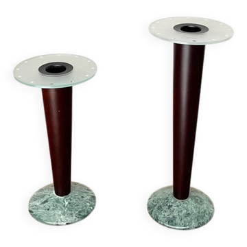 Vintage postmodern Italian wooden and stone candle holders, 1980s, set of 2.