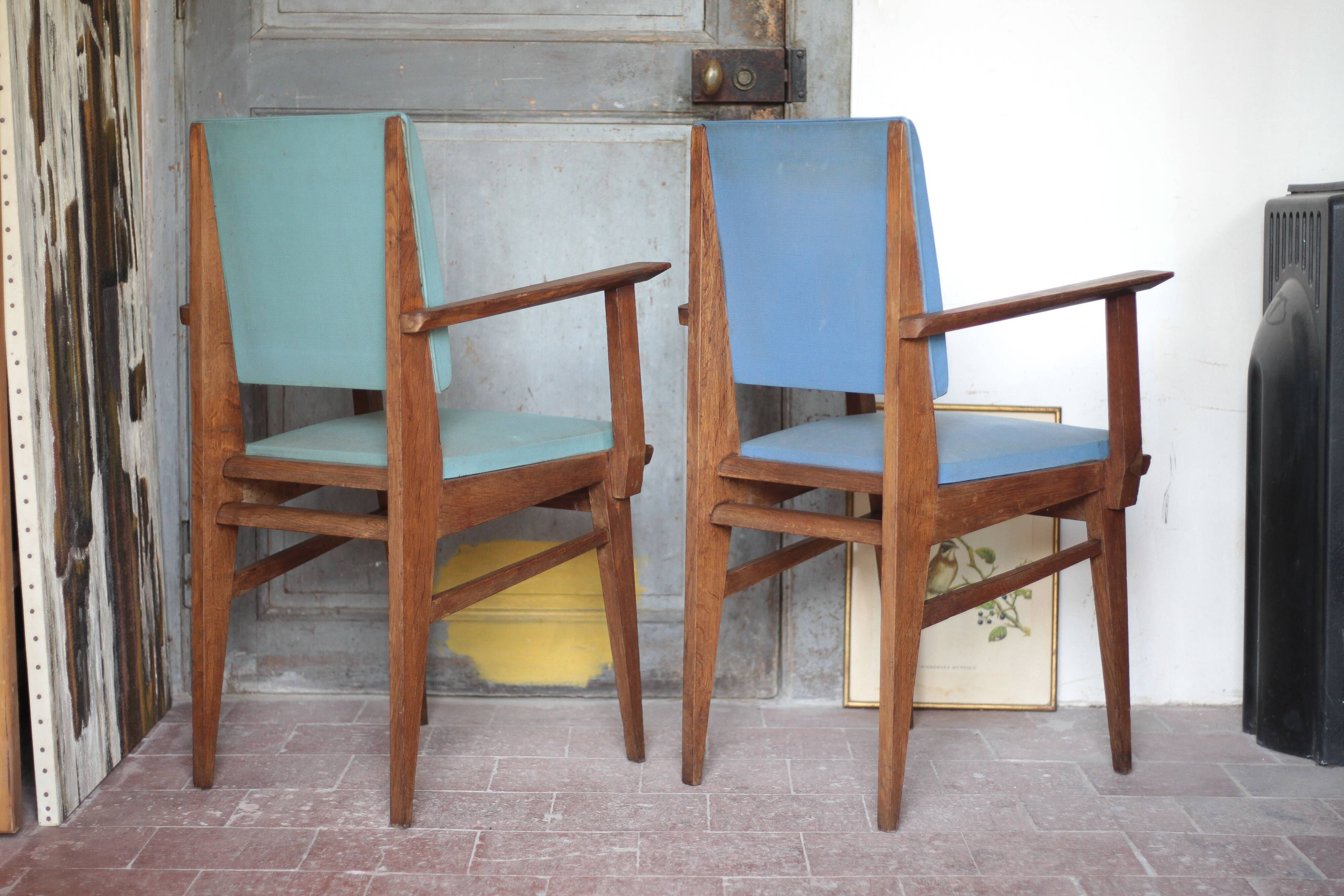 Pair of wooden bridge armchairs from the 1950s, vintage chairs.