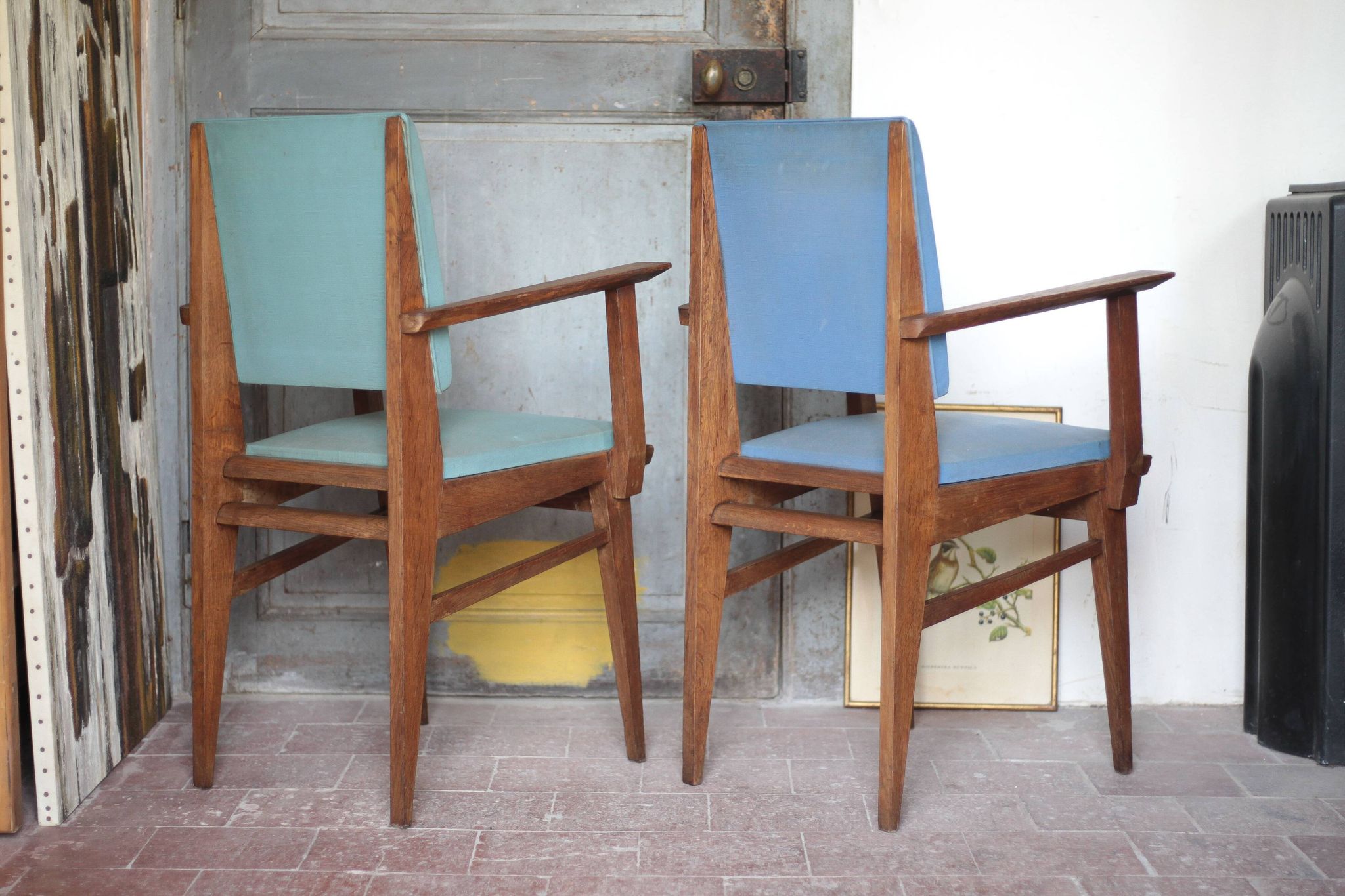 Pair of wooden bridge armchairs from the 1950s, vintage chairs.