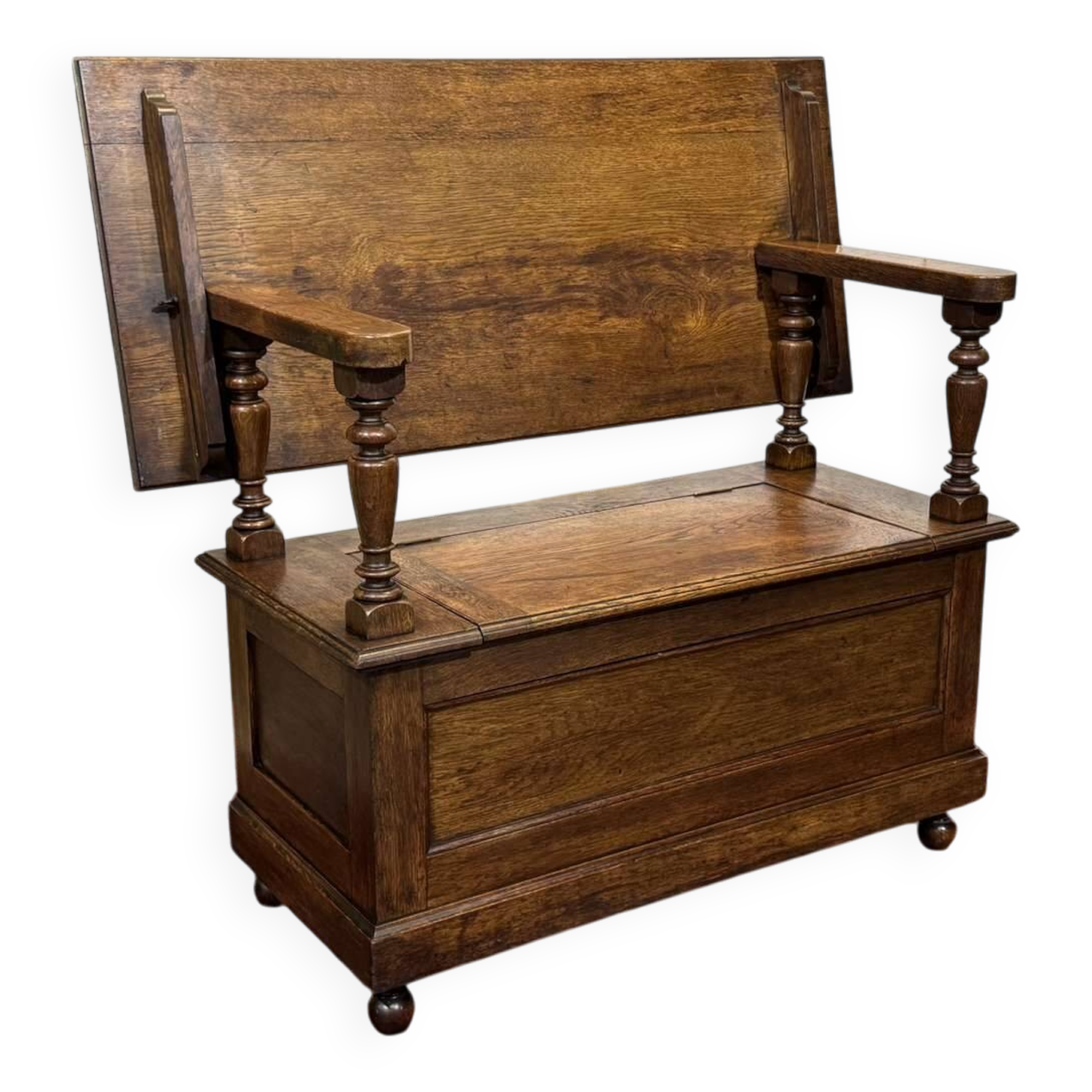 Banc coffre anglais en chêne des années 30 pouvant faire console