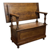 English oak bank safe from the 1930s that can serve as a console.