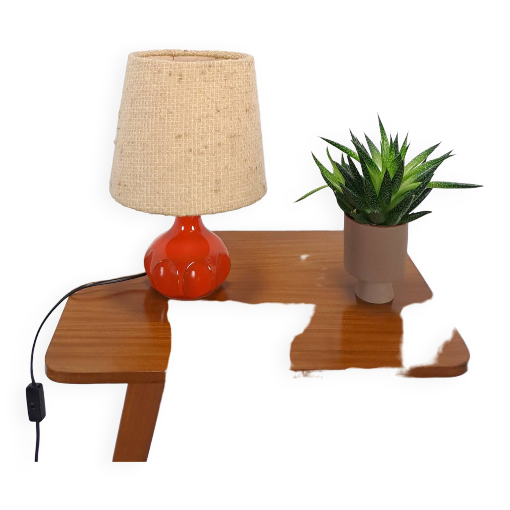 Ceramic table lamp orange with shade, vintage desk lamp