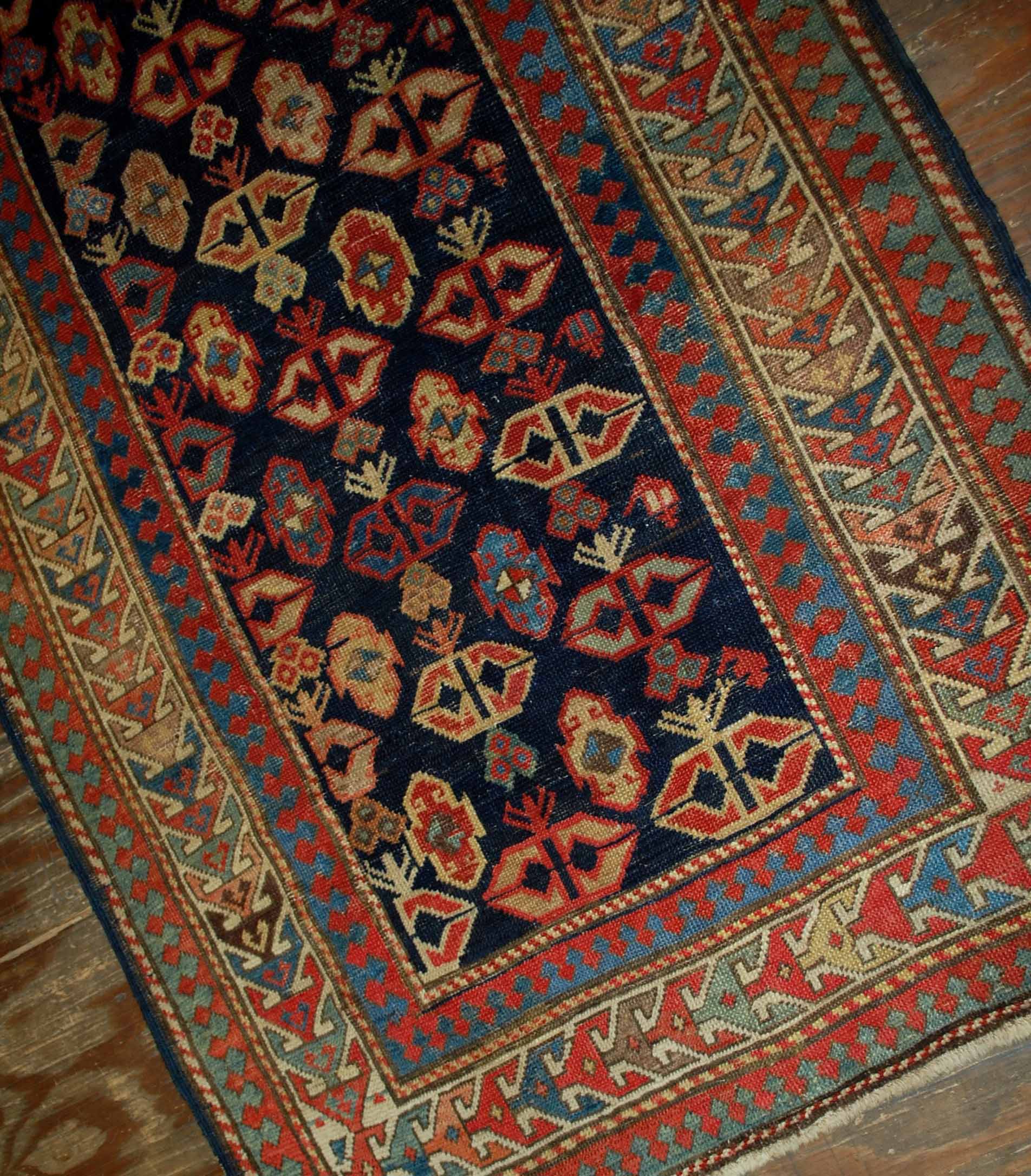Old caucasian carpet gendje handmade 106cm x 222cm 1880s, 1b519