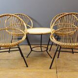 Living room in rattan and black lacquered iron by Rohe Noordwole circa 1950