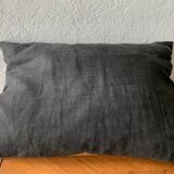 Embroidered black linen cushion