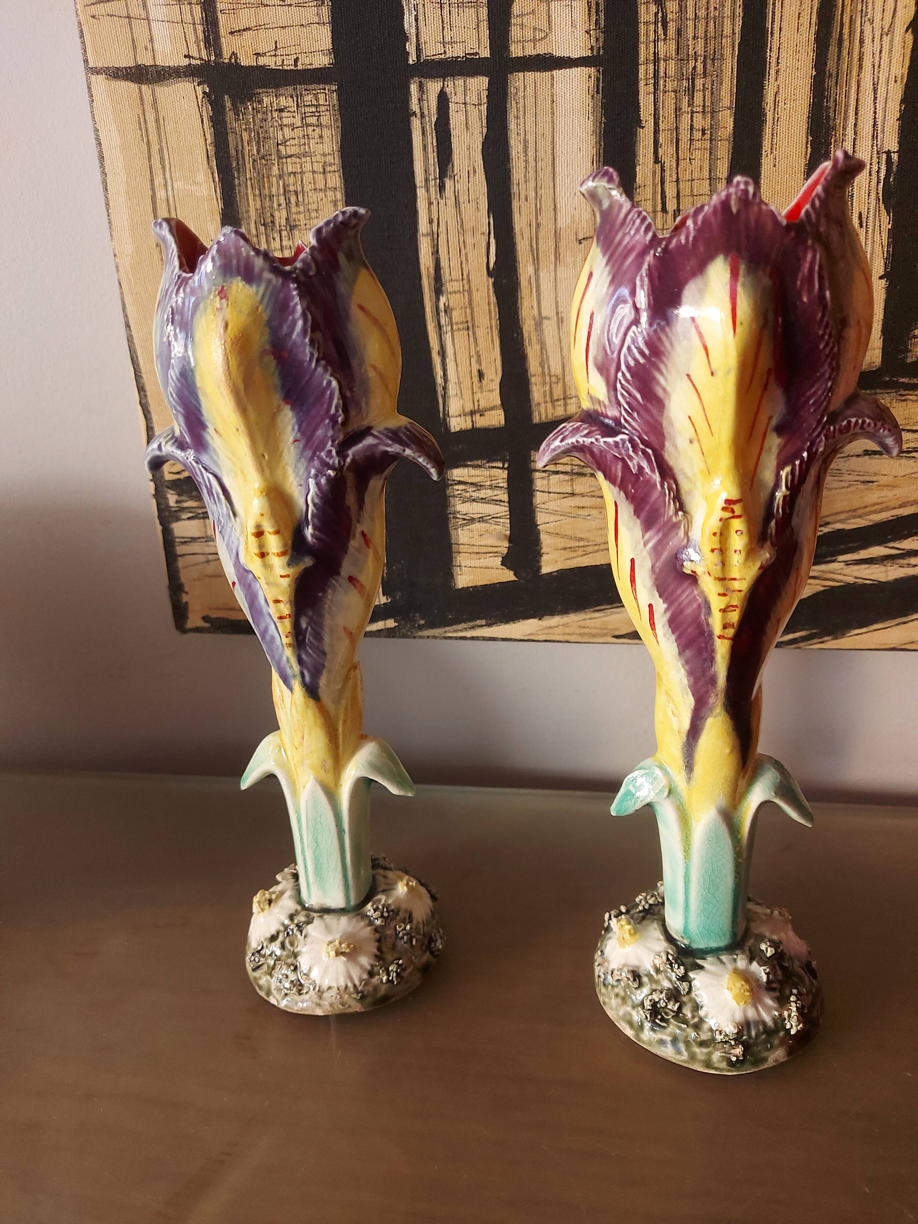 Pair of art nouveau slip vases, soliflore, iris