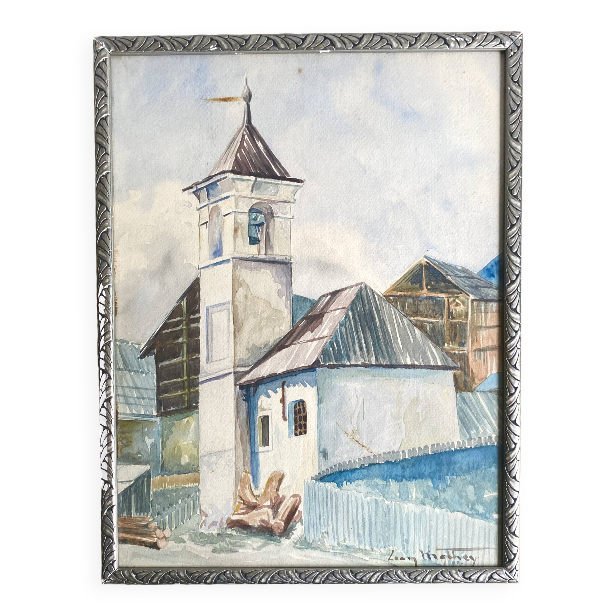 Aquarelle 1920, cadre bois sculpté argenté