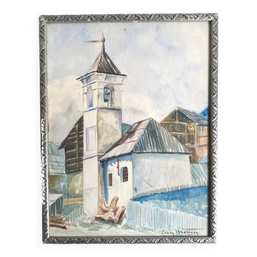 Aquarelle 1920, cadre bois sculpté argenté