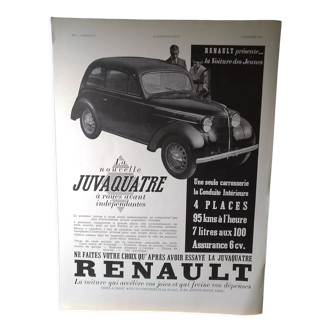 Publicité papier voiture renault  la juvaquatre  issue revue d'époque   1937