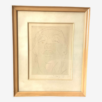 Gravure estampe au visage signée Henry de Waroquier 1948 vintage