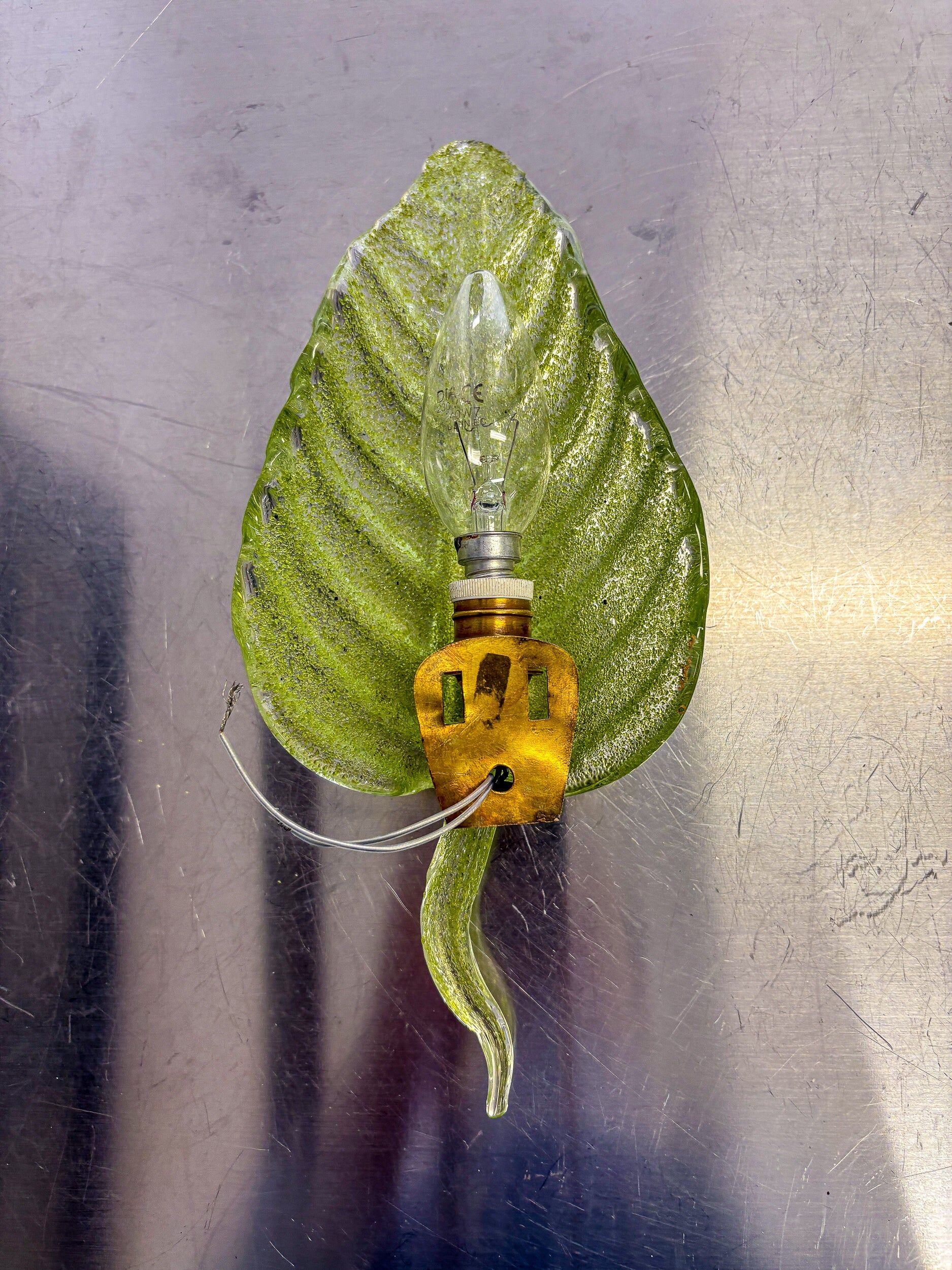 Barovier & Toso leaf-shaped wall sconce, green Murano glass, Italy, 1960s