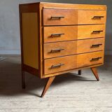 Commode vintage en chêne 4 tiroirs pied compas