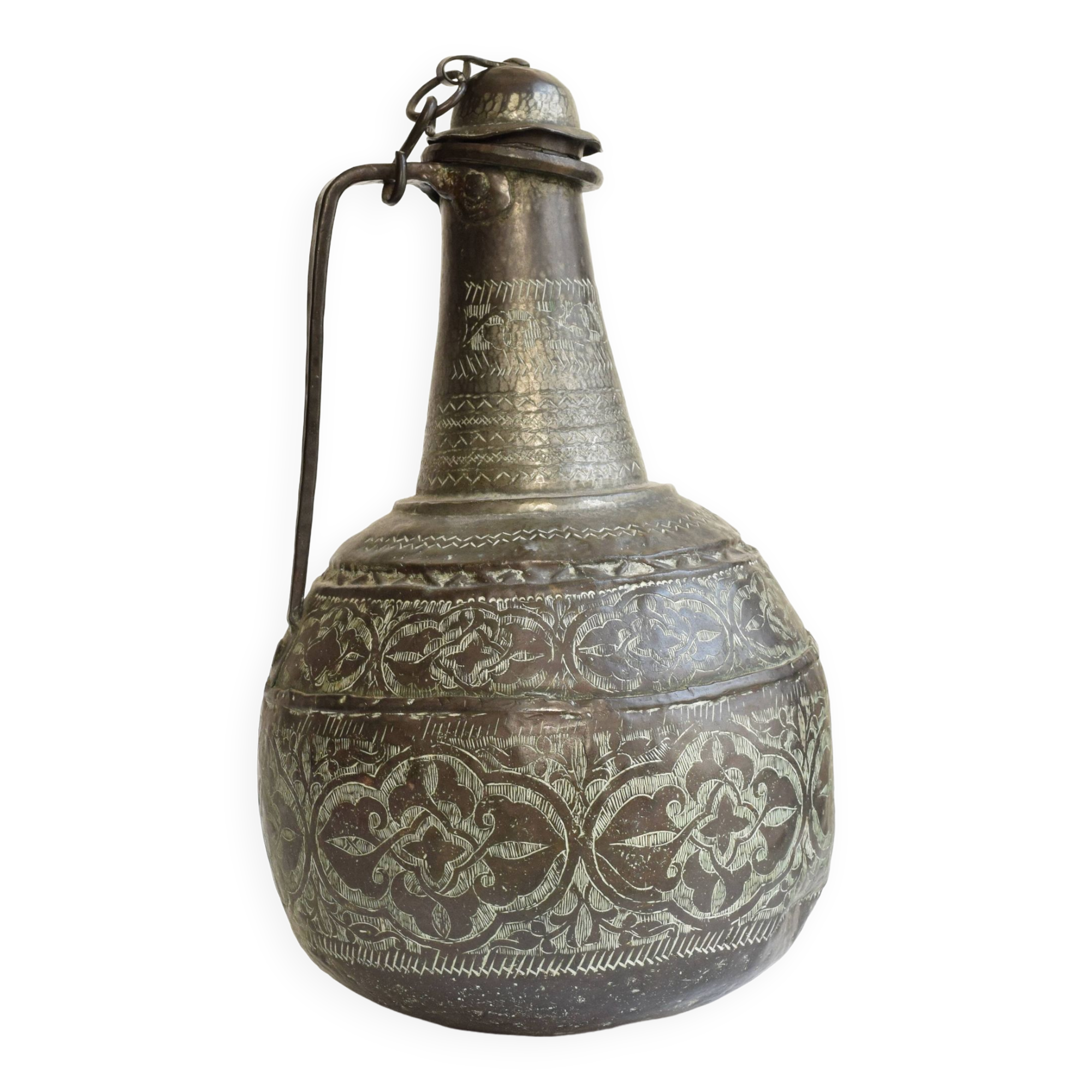 Ancien grand coquemar ottoman en cuivre ciselé et étamé - bouilloire du XVIII ème siècle