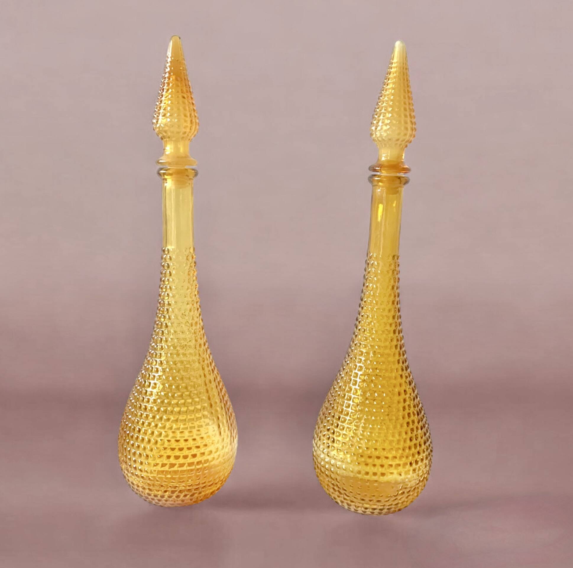 Pair of vintage amber yellow Empoli glass decanters