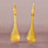 Pair of vintage amber yellow Empoli glass decanters
