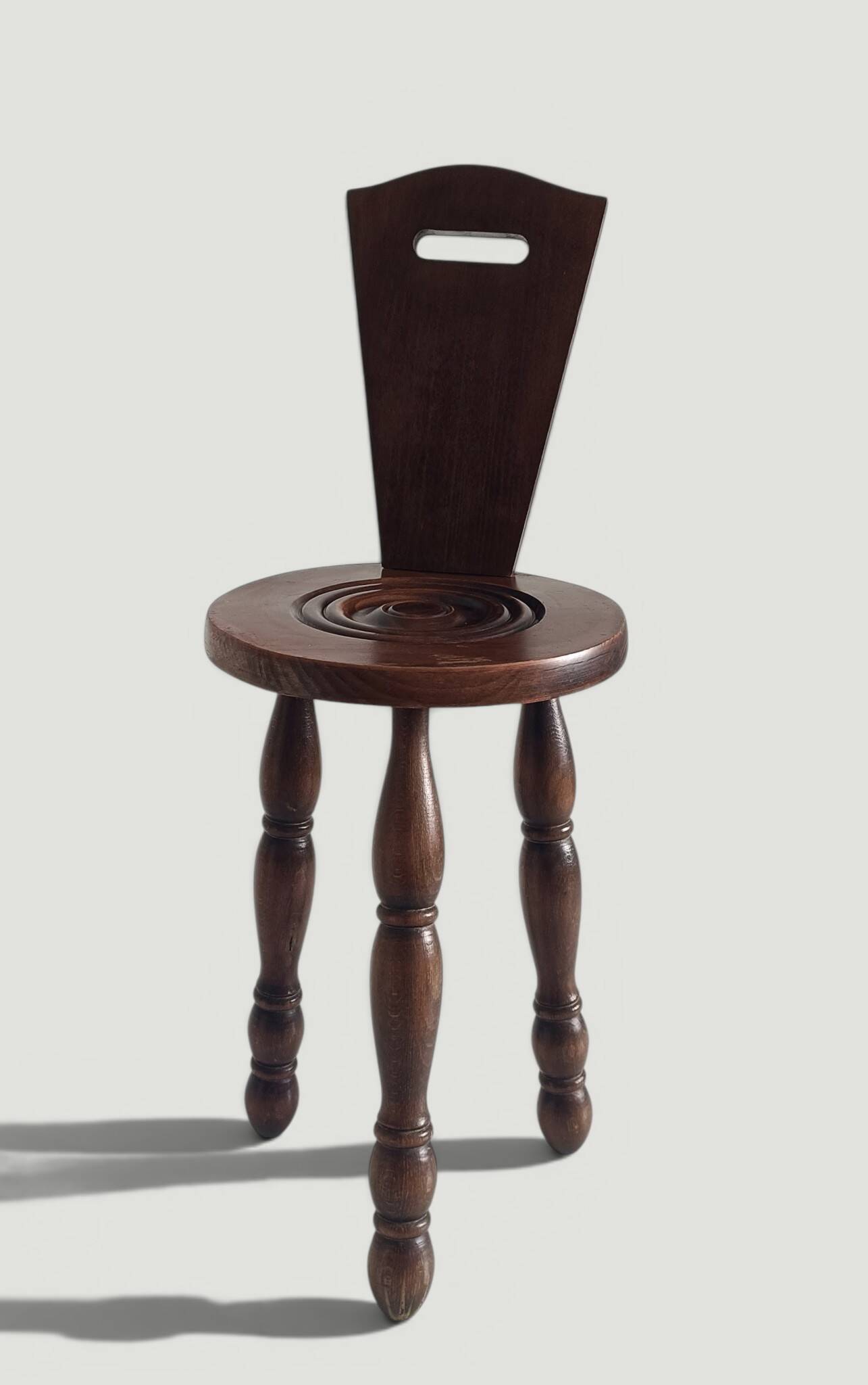 Folk Art Chestnut Wood Tripod Chair, Charles Dudouyt Style, France, 1930s