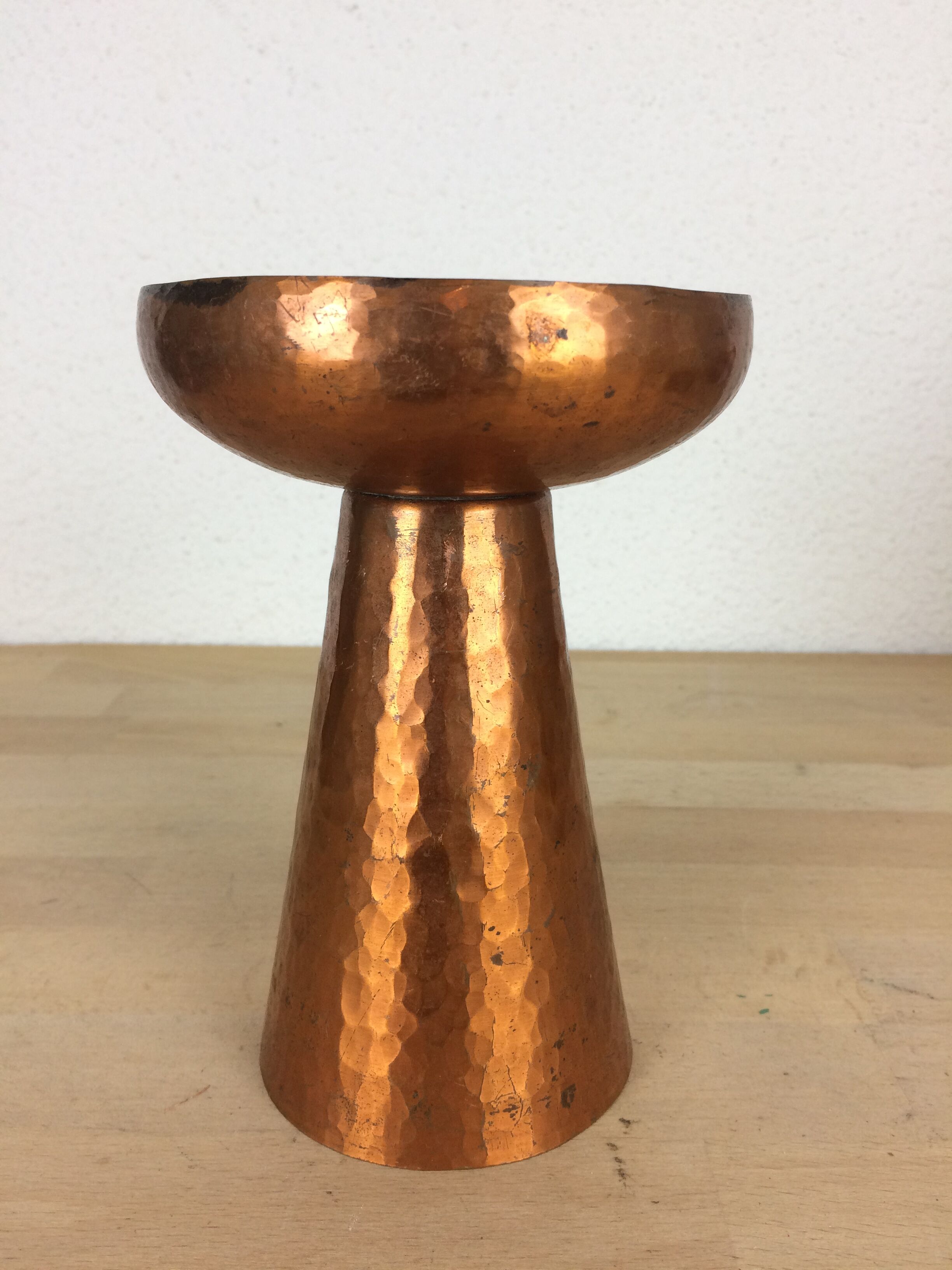 Modernist Scandinavian candle holder in hammered copper