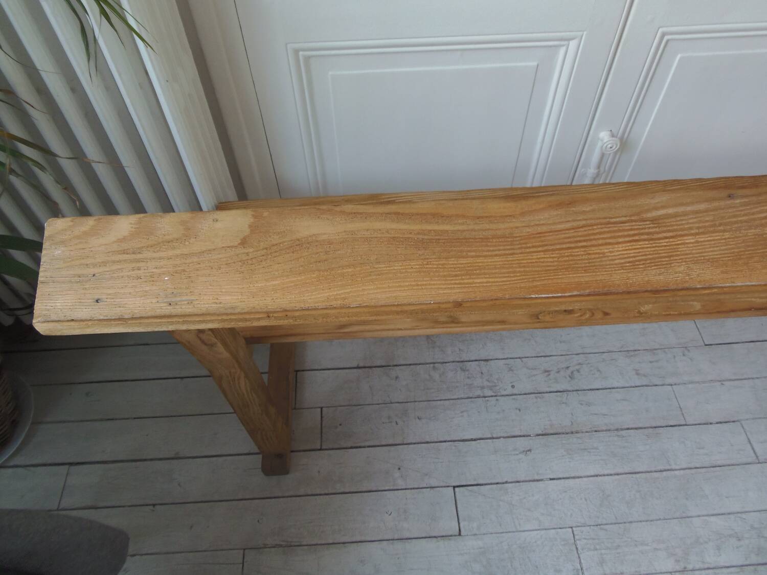 Church bench, end of bed in pitch pine with light oak waxed finish.