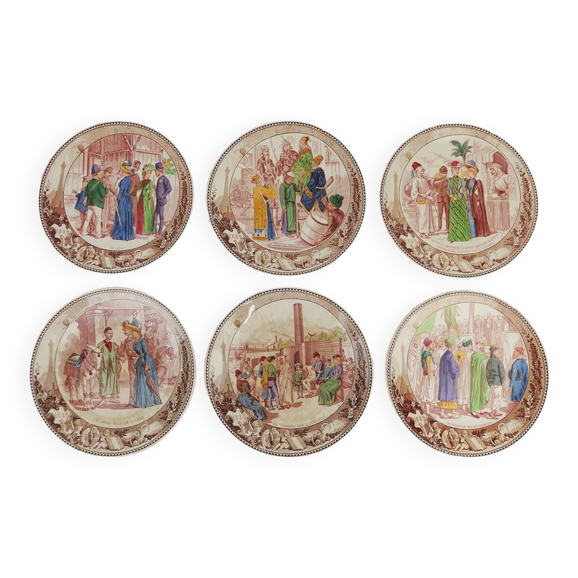 Six Sarreguemines plates "Universal Exhibition" from 1889