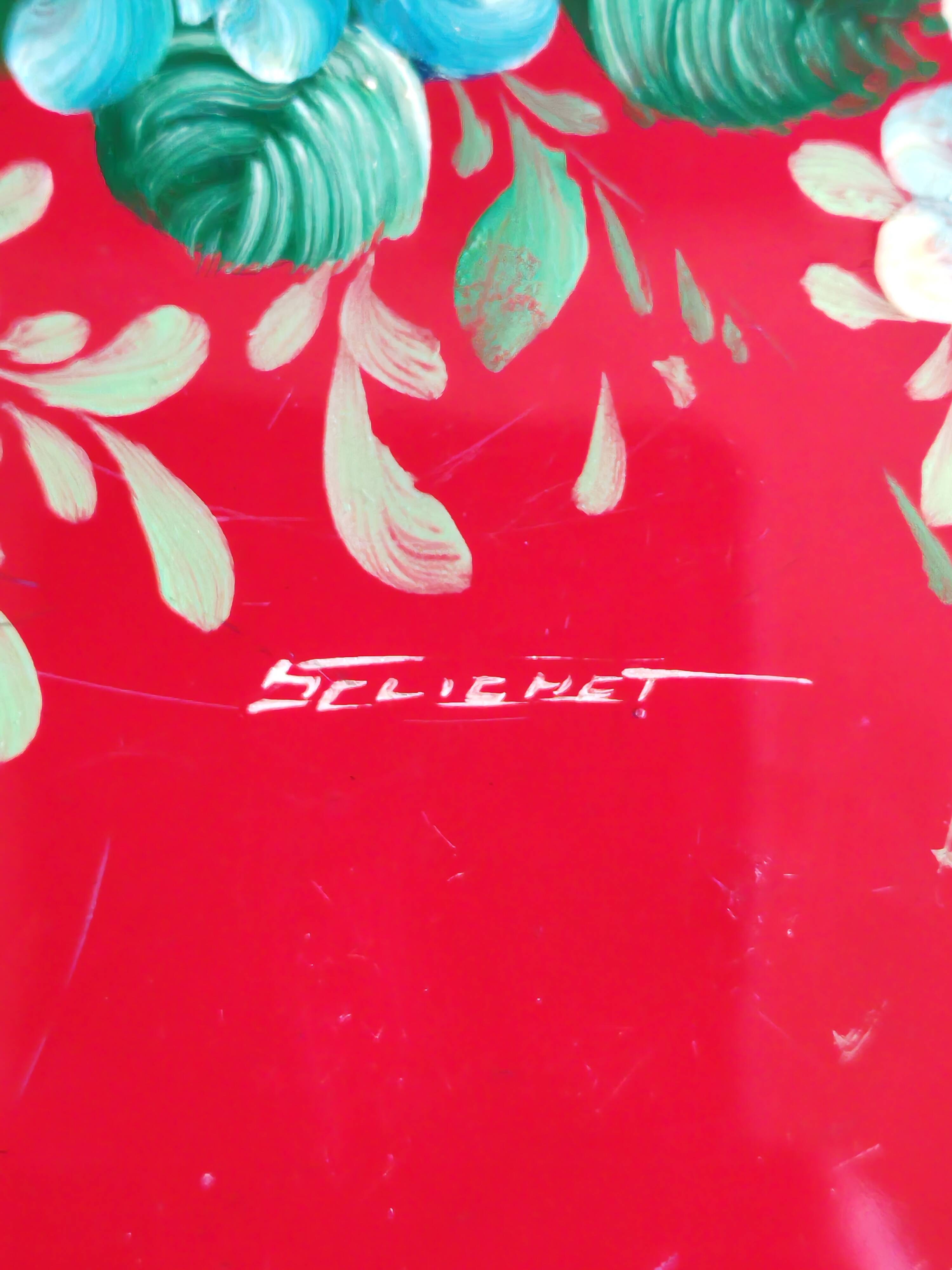 Old Red Plate Signed - Hand-Painted Floral Decoration