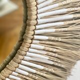 White raffia rattan and macramé sun mirror 40cm