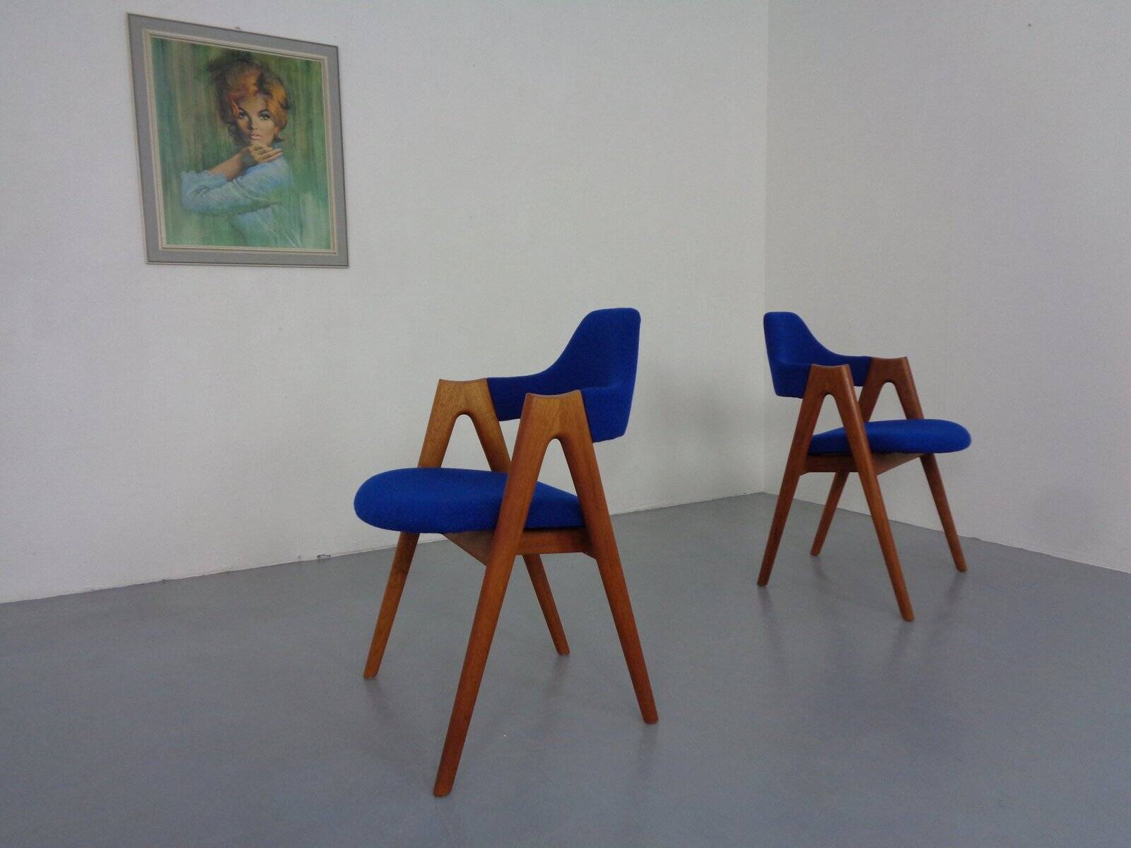 Set of Compass Chairs in Teak and Kvadrat Hallingdal 65 by Kai Kristiansen for Schou Andersen, 1960s