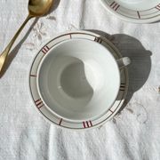 Vintage tea set in white porcelain with stripes, Moulin des Loups orcerame model "Richelieu"