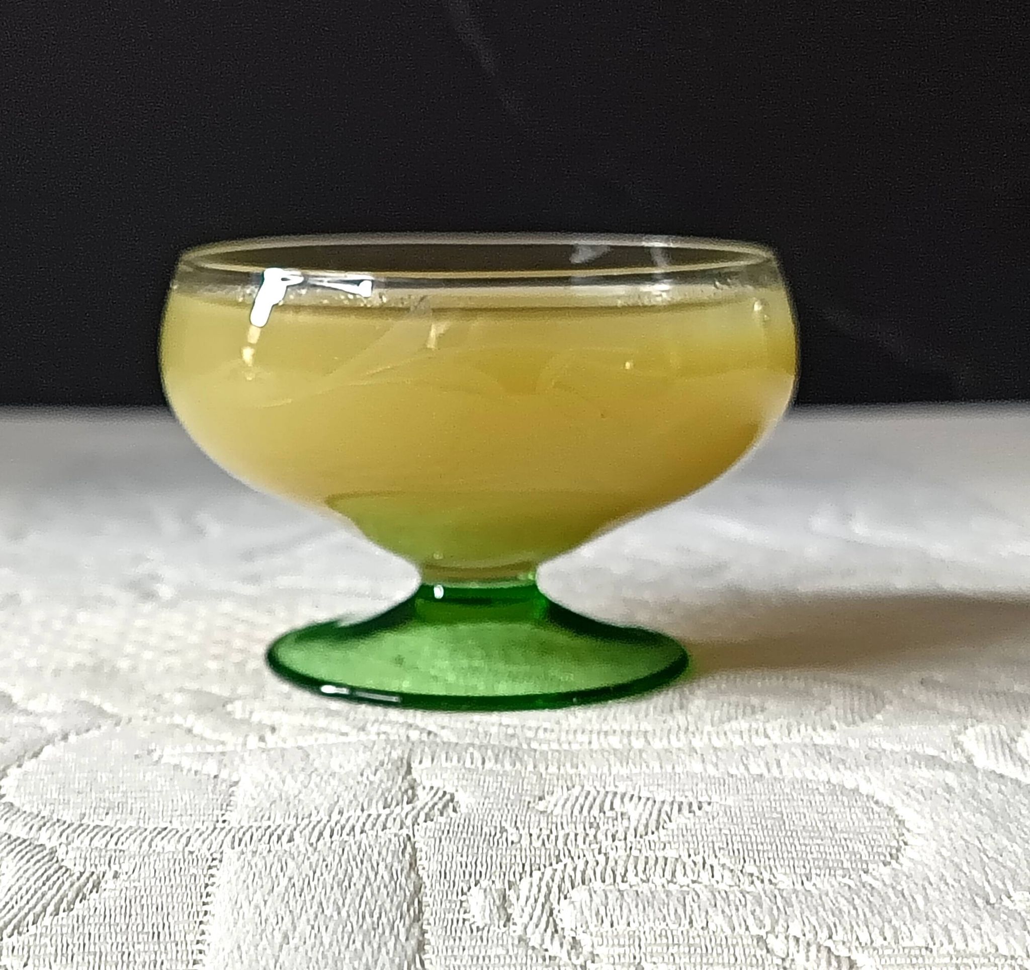 6 superb antique liqueur glasses on green stems, vintage cut glass