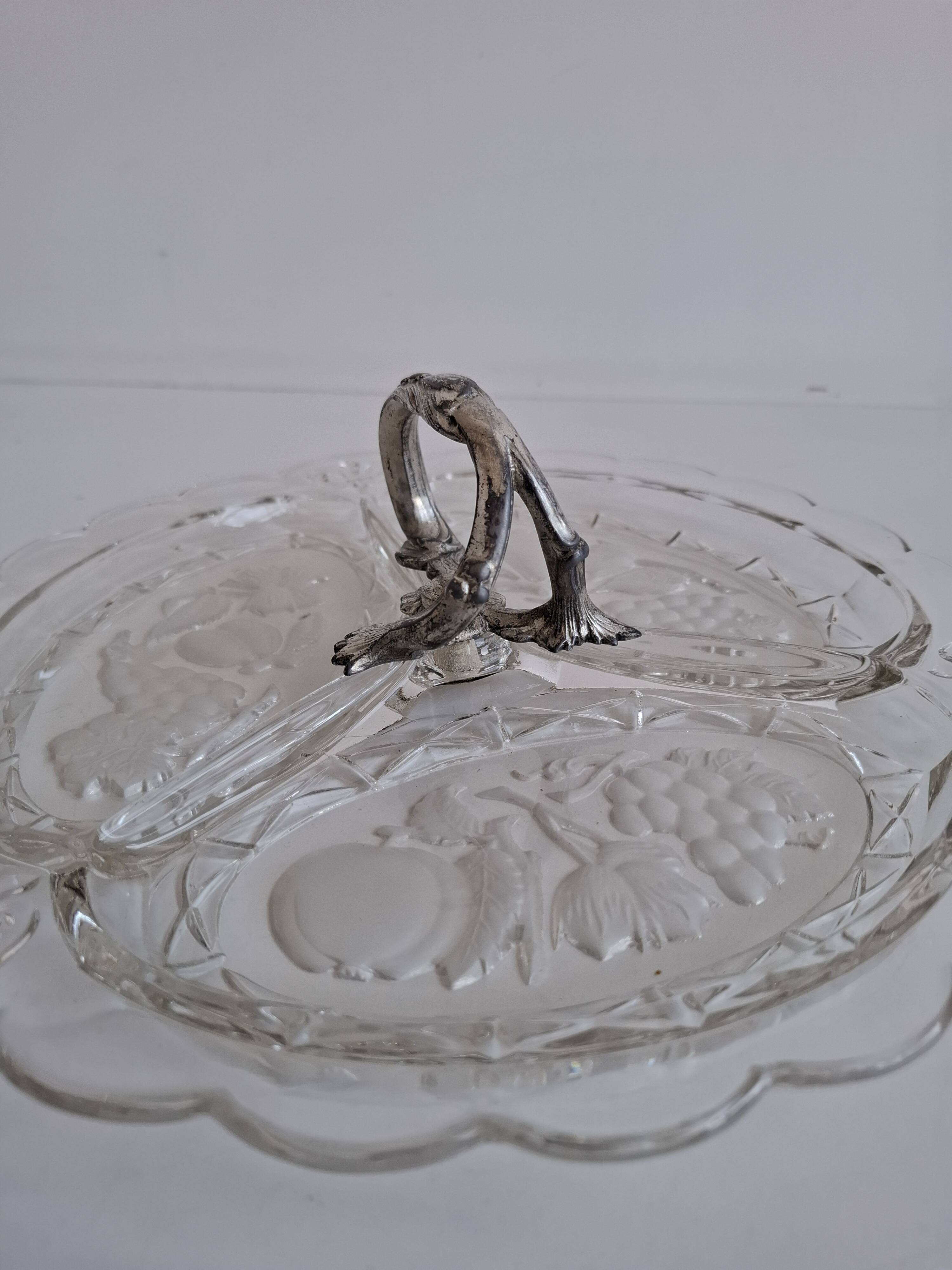 Art Deco Pressed Glass Divided Serving Dish with Alpaca Handle, 1930