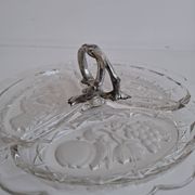 Art Deco Pressed Glass Divided Serving Dish with Alpaca Handle, 1930