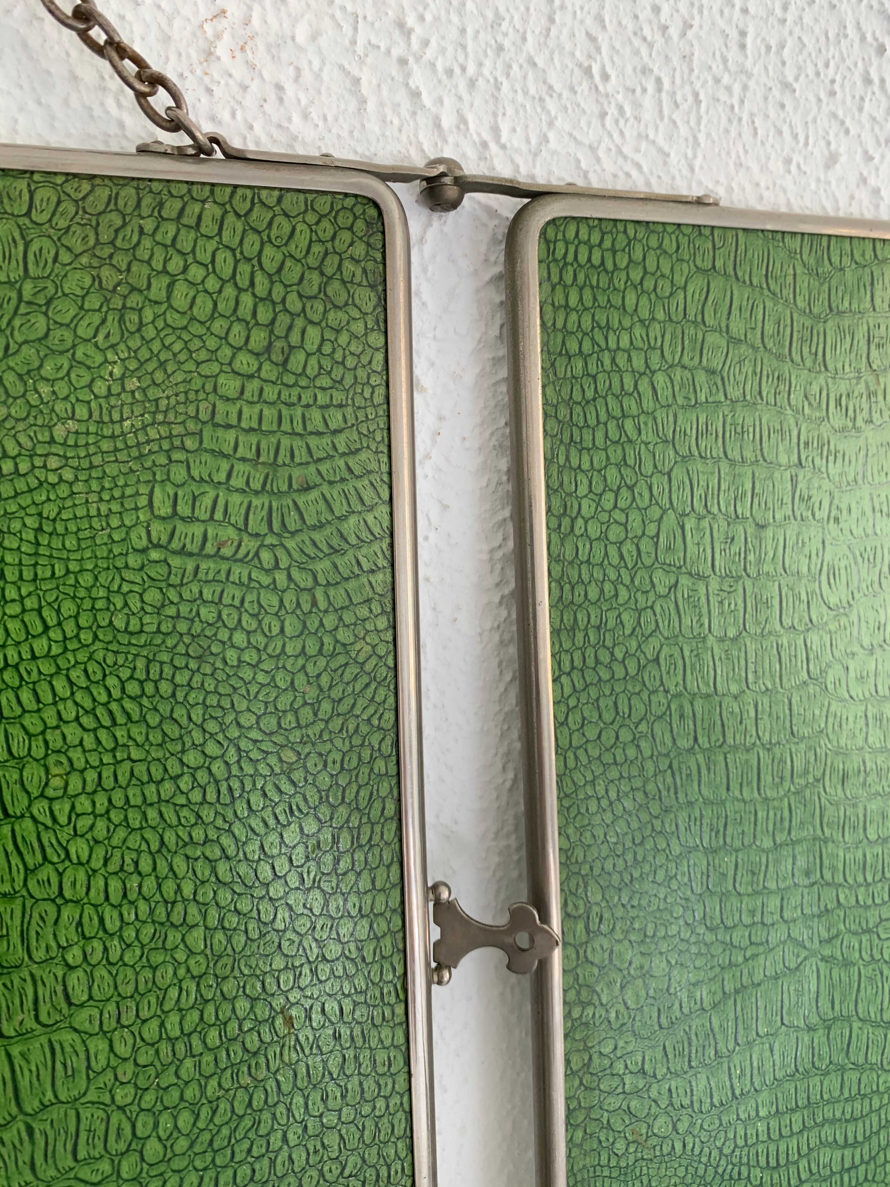 Vintage mirror 1930 triptych barber lime, 30 x 78 cm