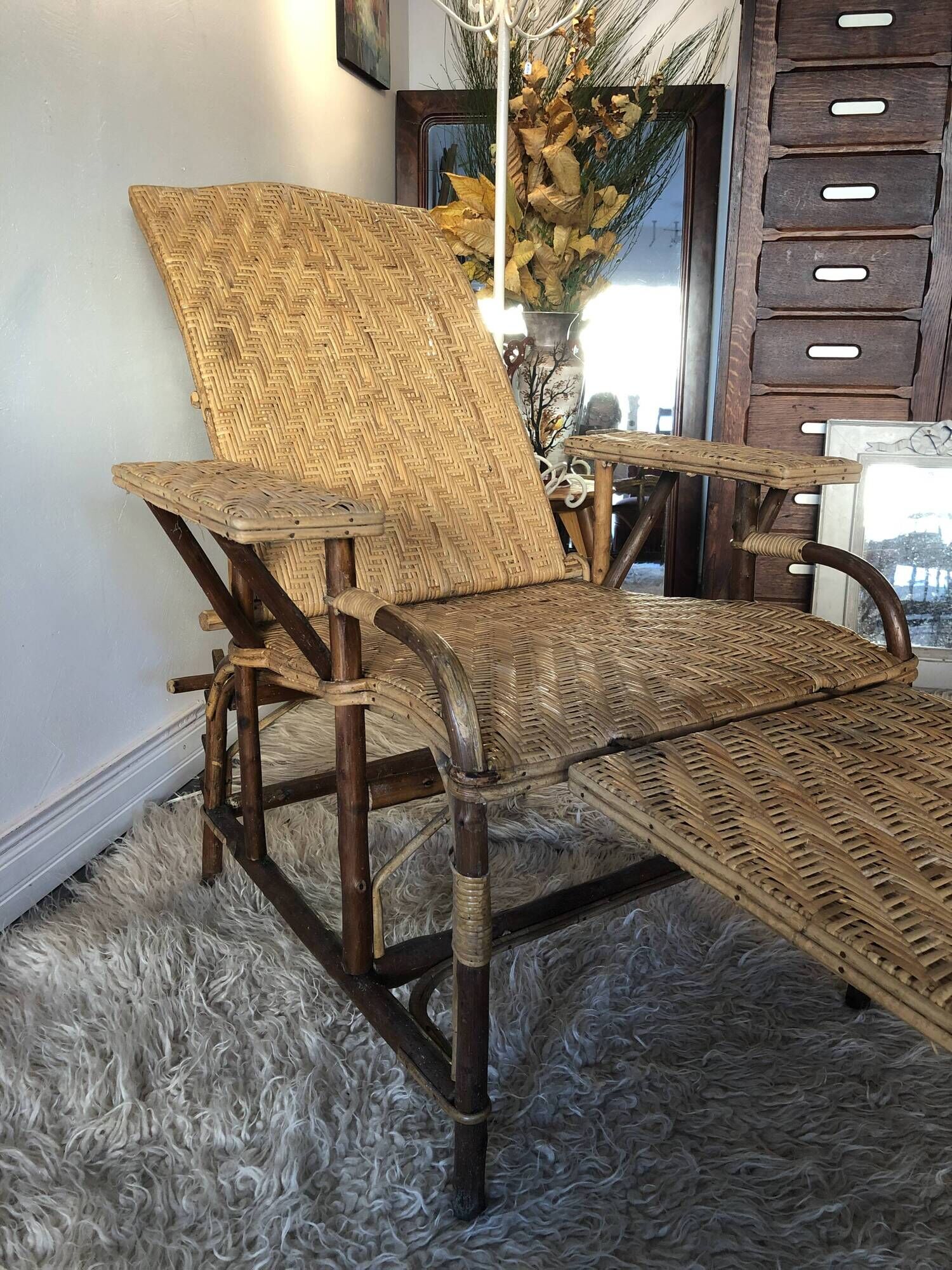 Bamboo and vintage rattan long chair, 40s/50s