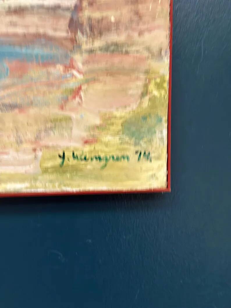 Huile sur toile originale suédoise - 'Komposition' par Yngve Werngren - Signée et datée 1974 - Vintage et encadrée - 53 × 36 cm (20,9" × 14,2")