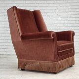Fauteuil danois à dossier haut, années 1970, velours d'ameublement rose saumon, bois de hêtre.