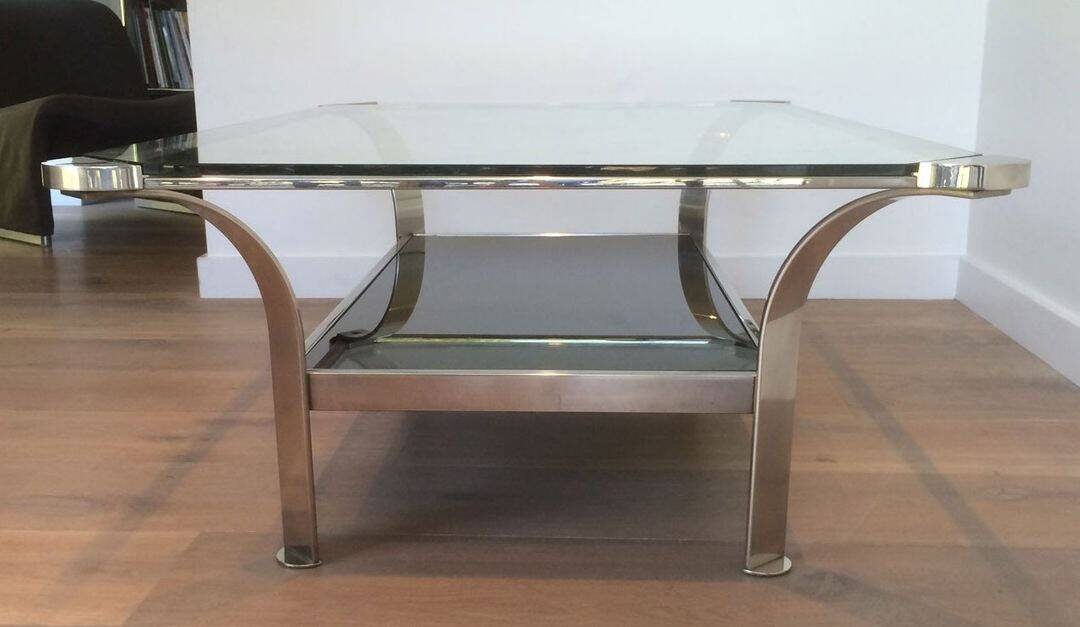 Table basse en chrome à double plateau en verre