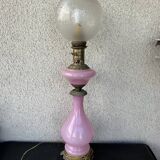 Large antique lamp in pink opaline and brass with engraved globe