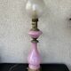 Large antique lamp in pink opaline and brass with engraved globe