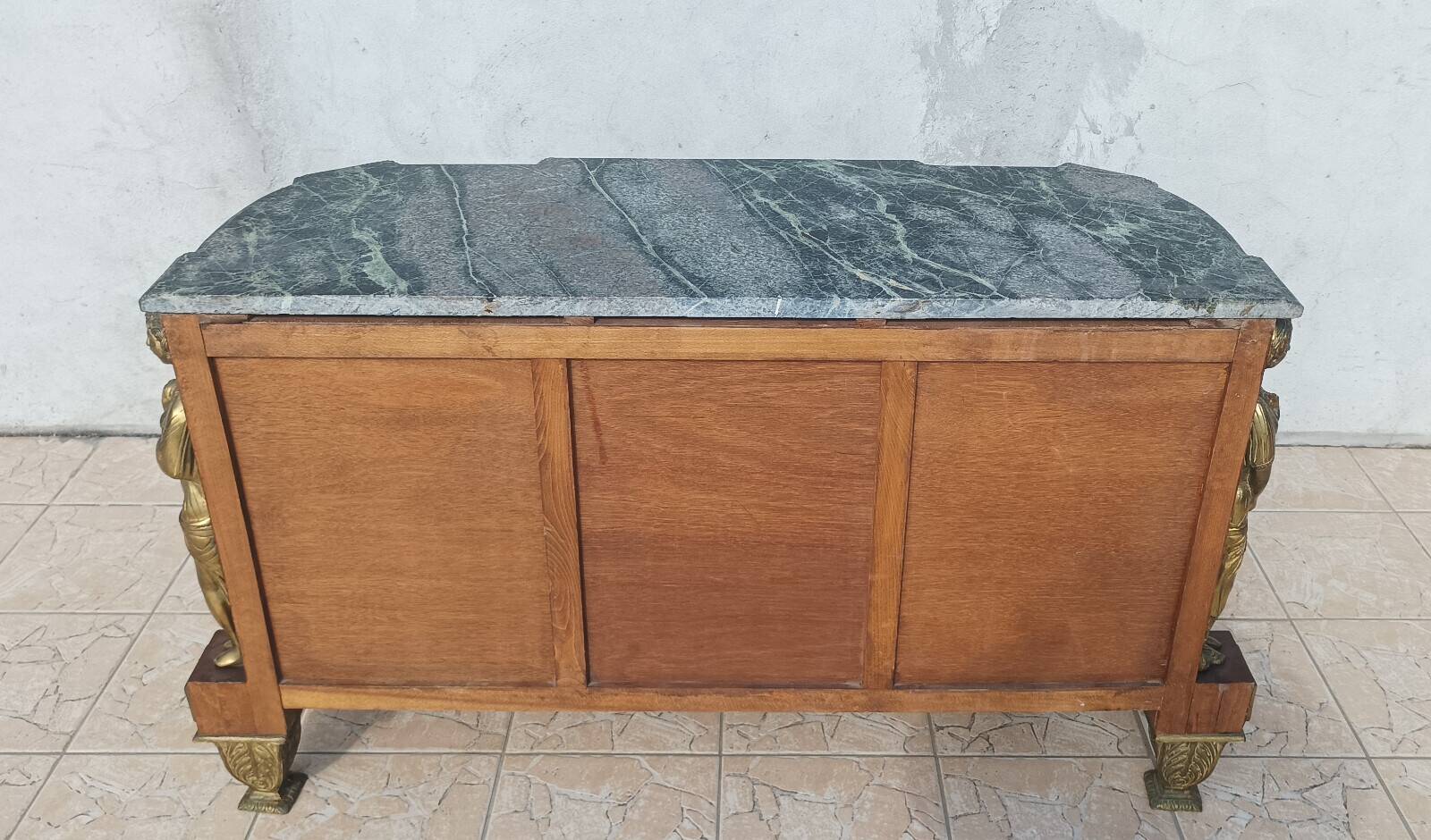 Louis XVI style commode in beech, bronze and marble.