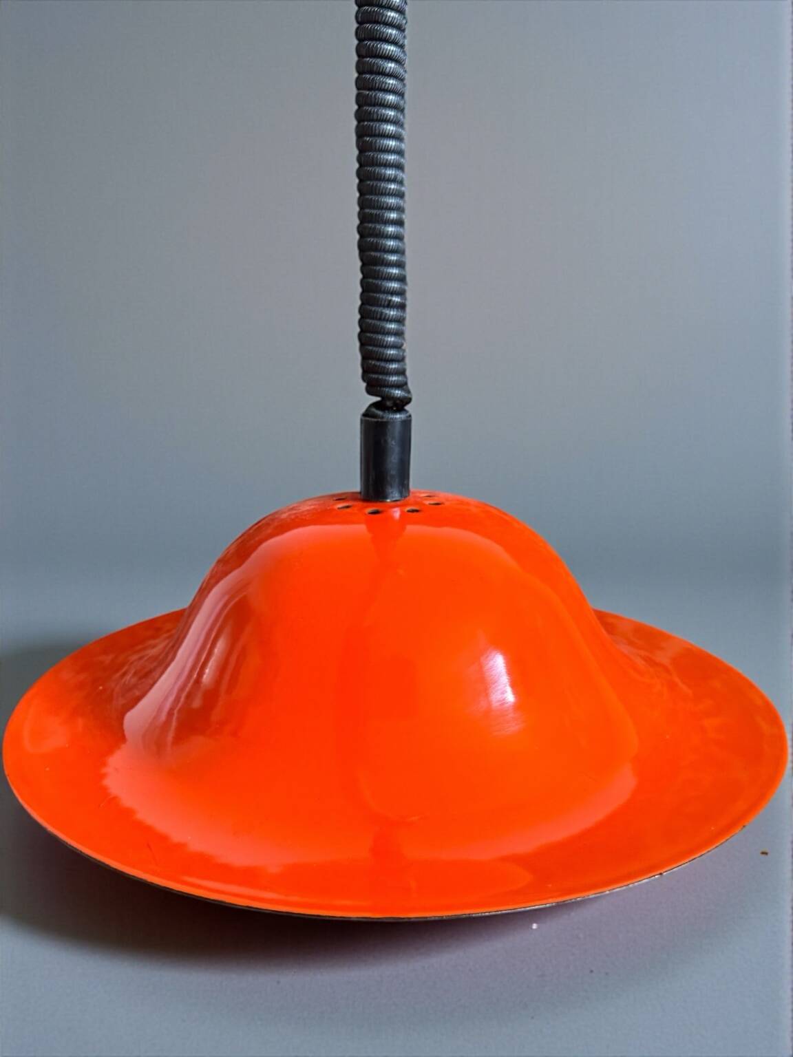 Vintage orange enameled metal pendant light – space age design – 1970s