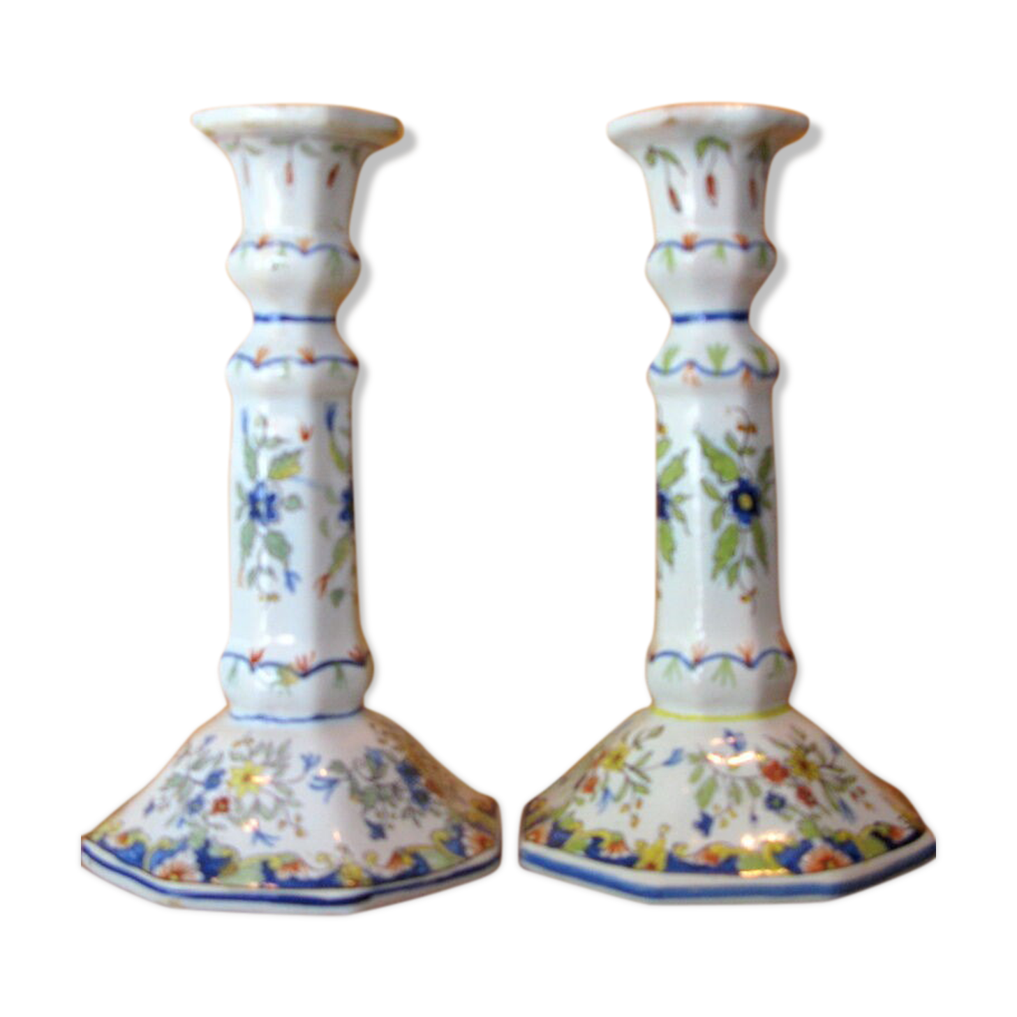 Pair of antique earthenware candlesticks with Rouen decor