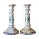 Pair of antique earthenware candlesticks with Rouen decor