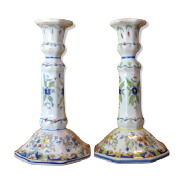 Bougeoirs ancien en faïence paire décor rouen
