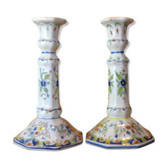 Old candlesticks in earthenware pair rouen décor