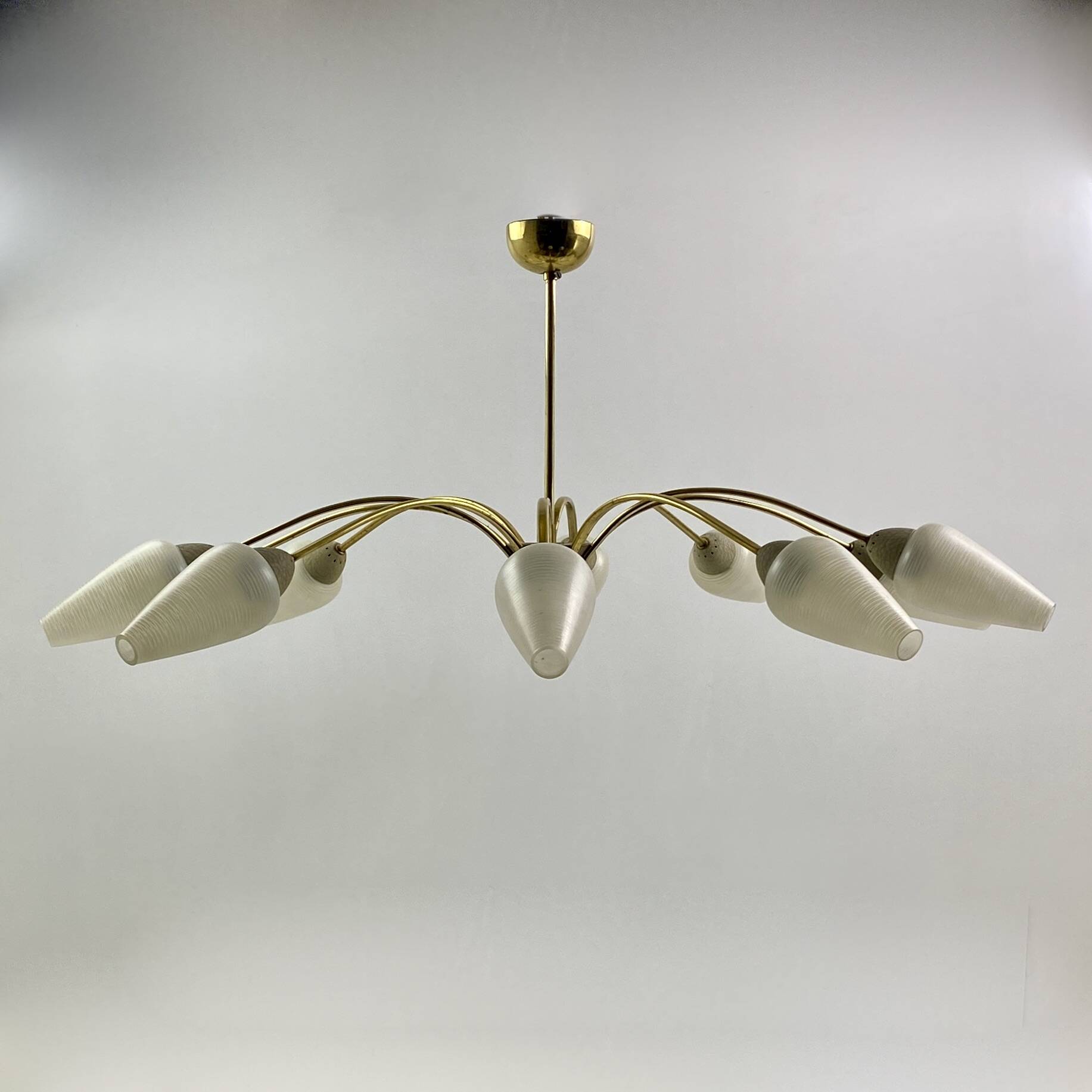 Brass chandelier, textured glass, 1960.