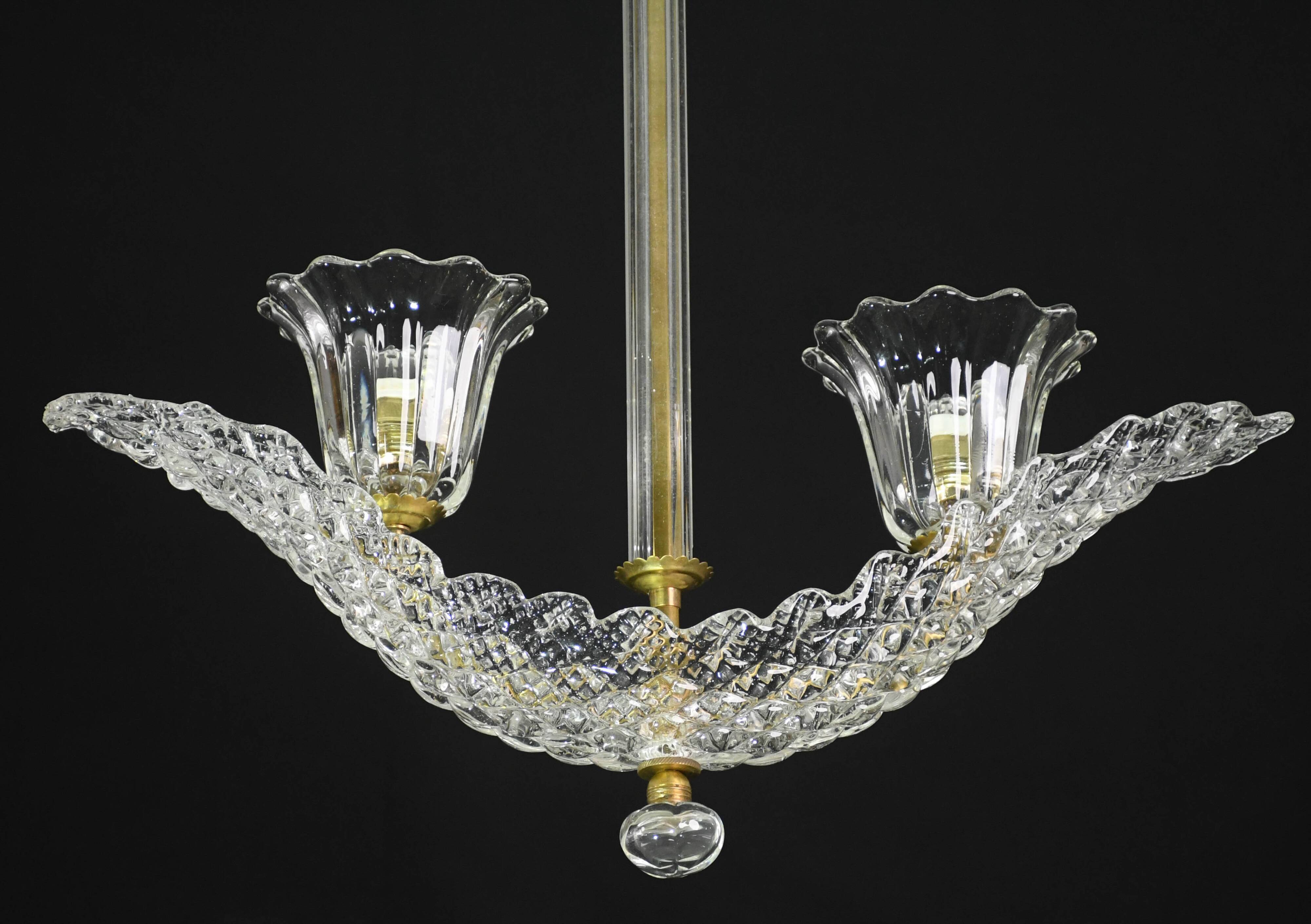 Elegant 2 cup Barovier Art Deco chandelier, Murano glass, brass structure 1940s
