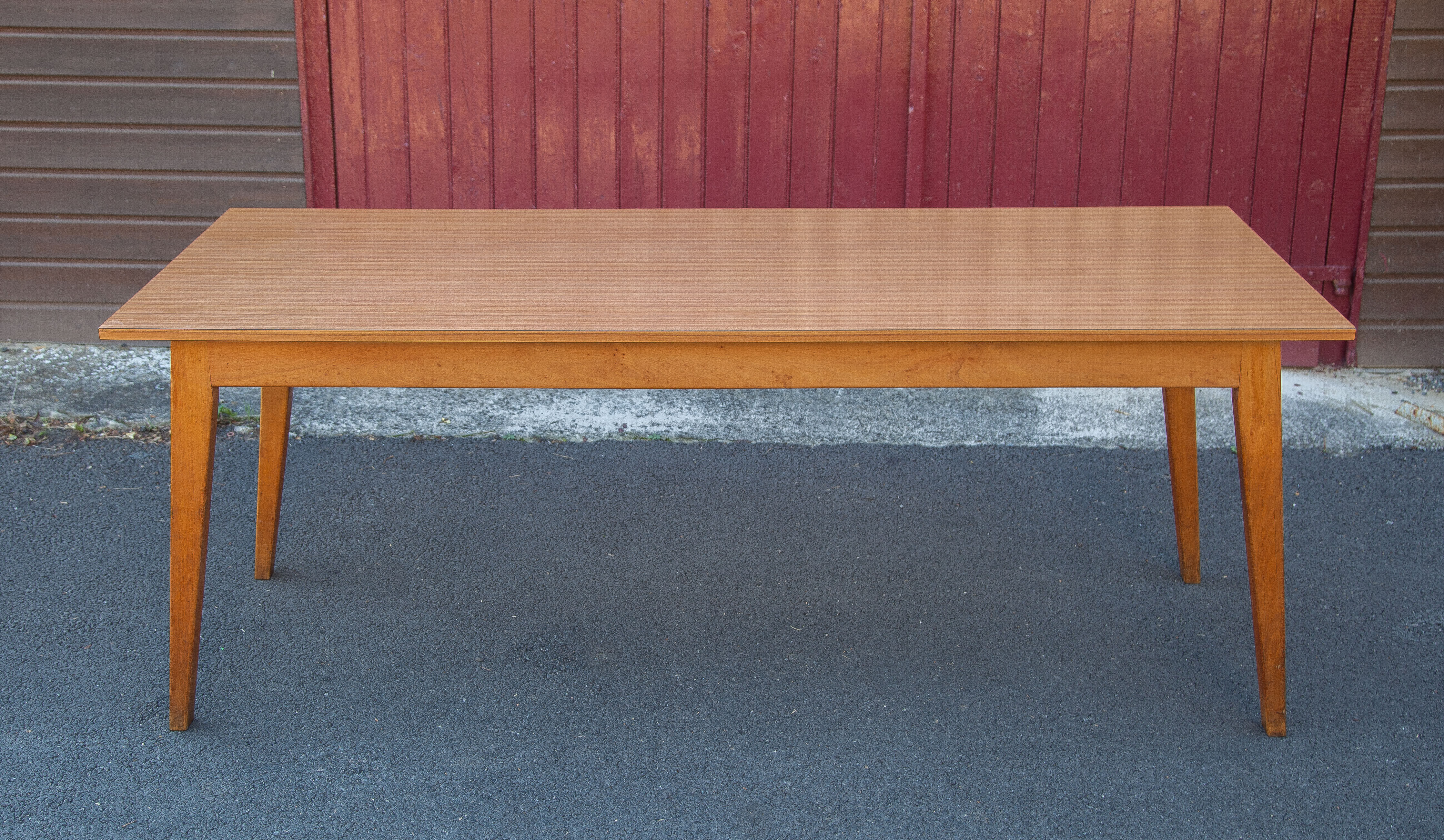 Antique dining table, wooden table and formica tray
