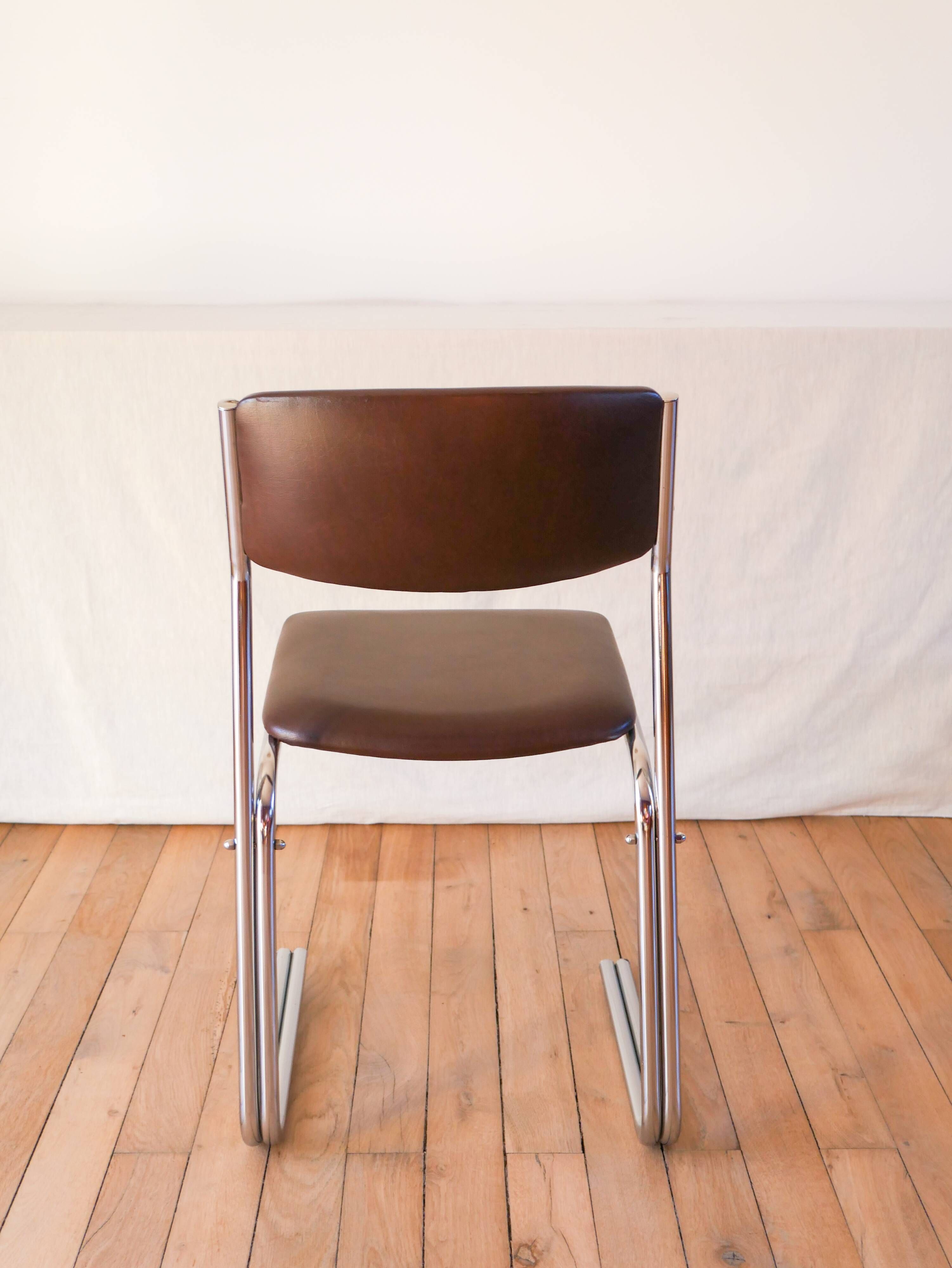 Office chair in brown skai and chrome tubular legs design 1970