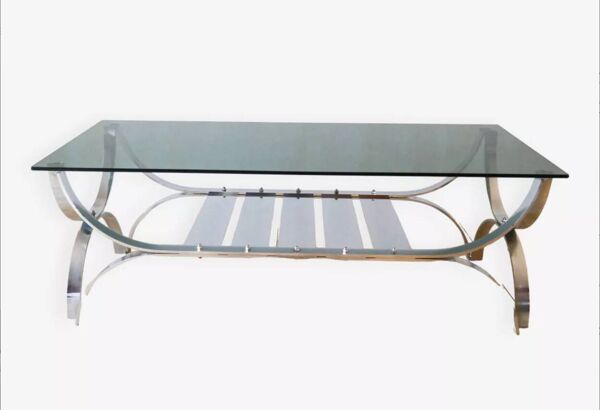 Table basse rectangulaire en verre fumé et chrome double plateaux Design 1970