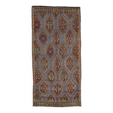 Tapis kilim turc géométrique rouge brique et bleu marine