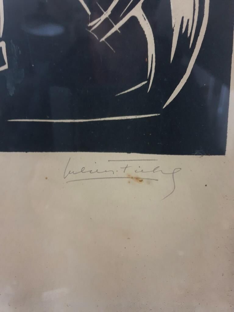 Linocut skating art deco painting - vintage sport - ice skates